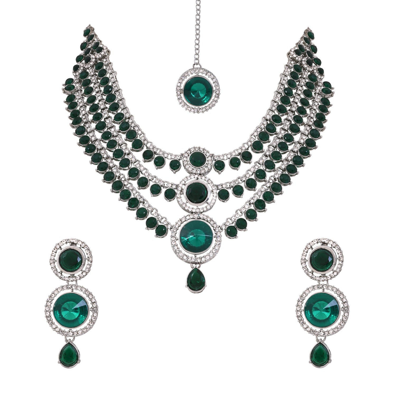 Lipsa - Emerald Green Silver Plated Necklace Set