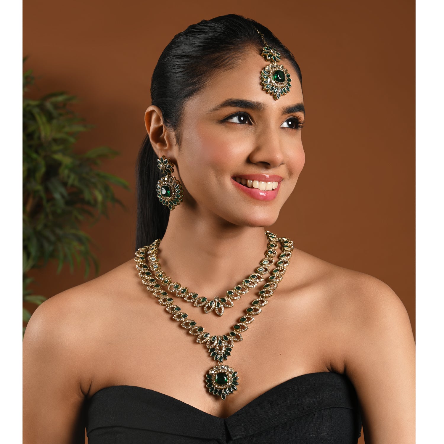 Ashvika - Emerald Green Gold Plated Dual Layer Necklace Set