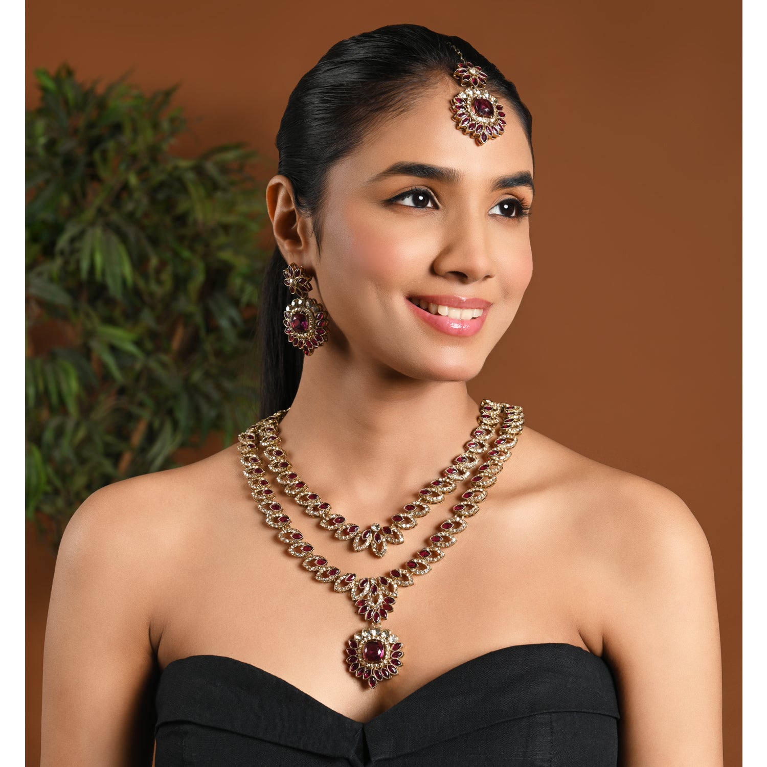 Ashvika - Emerald Wine Gold Plated Dual Layer Necklace Set