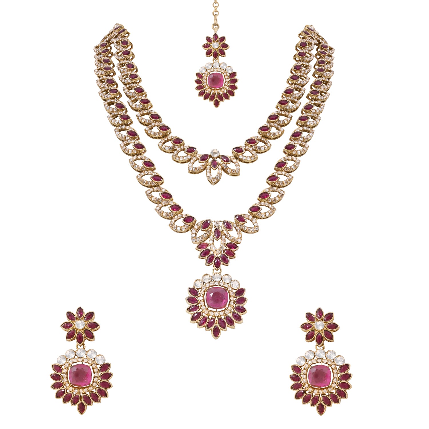 Ashvika - Emerald Wine Gold Plated Dual Layer Necklace Set