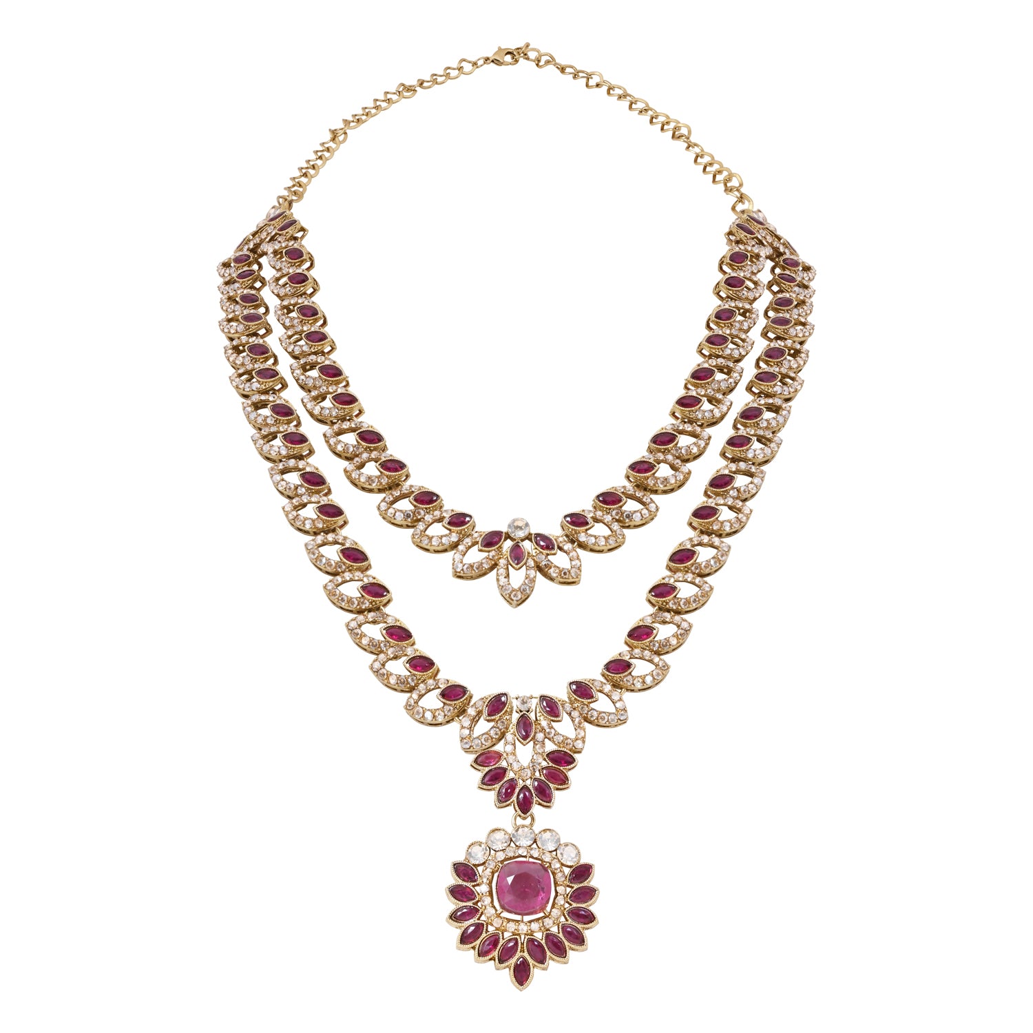 Ashvika - Emerald Wine Gold Plated Dual Layer Necklace Set