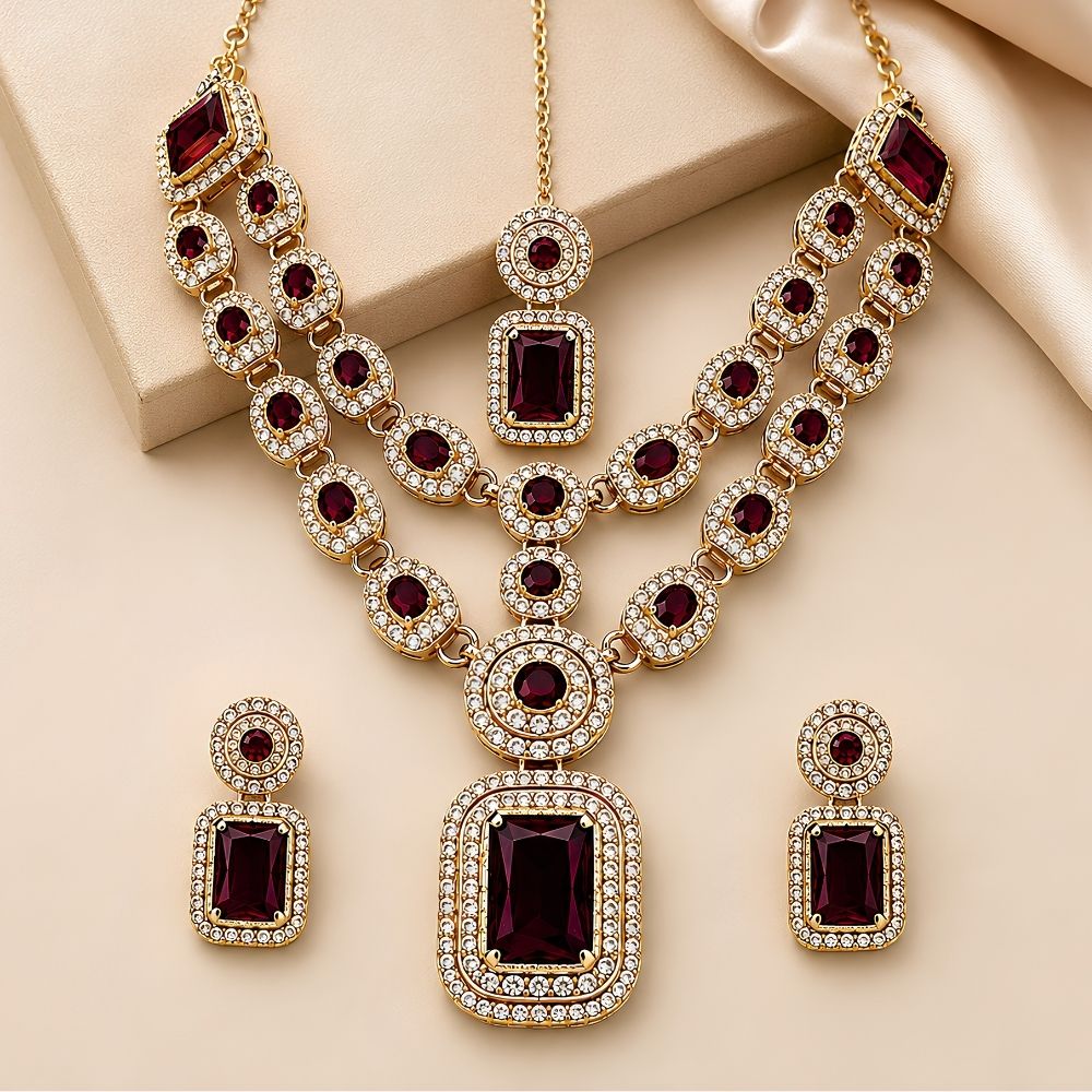 Divyani - Wine Kundan Statement Necklace Set