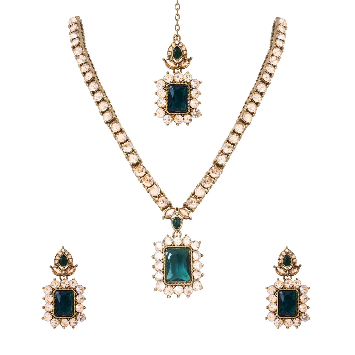 Dyuthi - Green Teal Stone Classic Necklace Set
