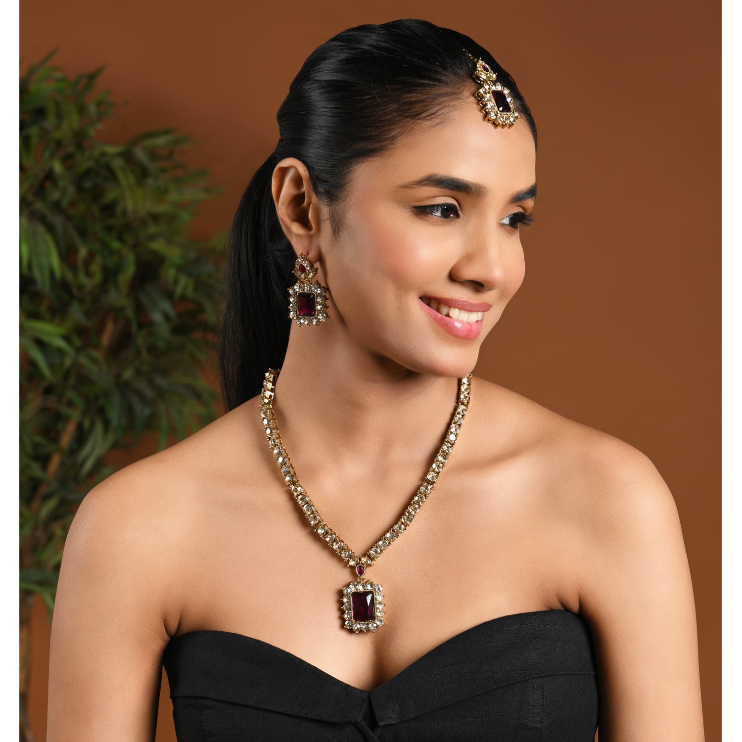 Dyuthi - Wine Teal Stone Classic Bridal Necklace Set