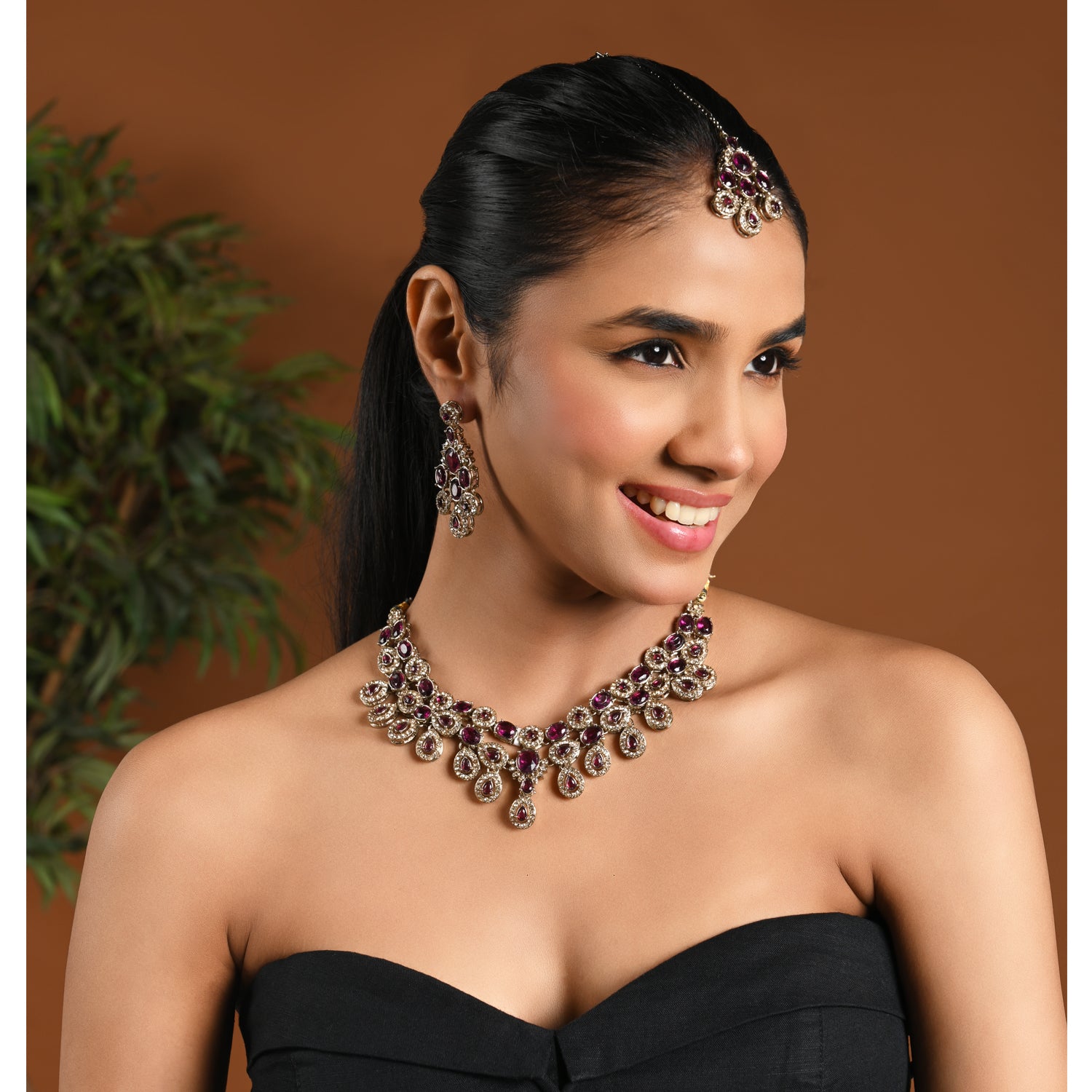 Nayesha - Vintage Wine Kundan Bridal Necklace Set