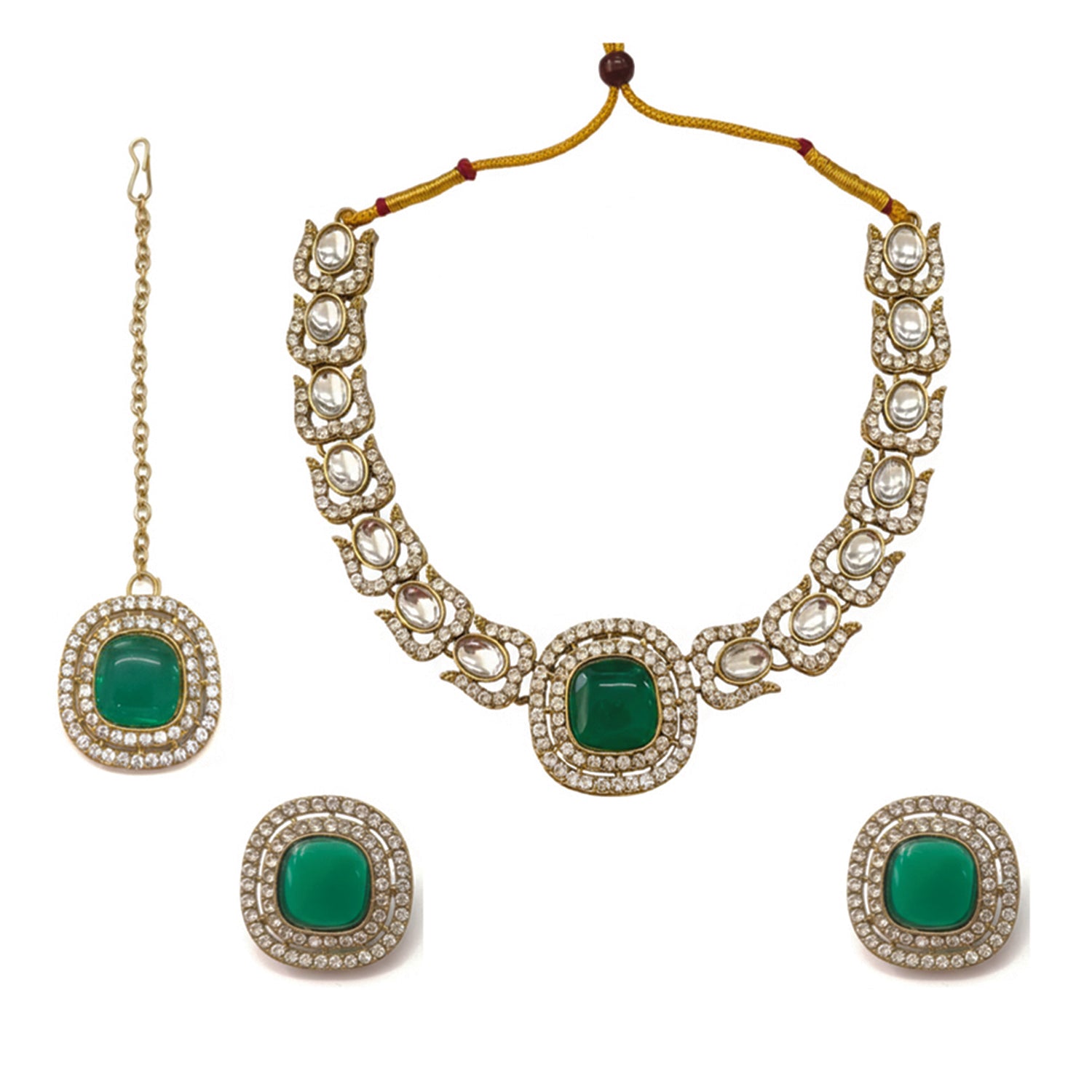 Rosalind- Emerald Kundan-Style Gold-Tone Necklace Set with Maang Tikka