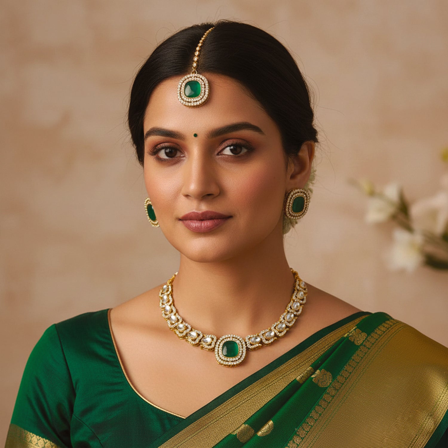 Rosalind- Emerald Kundan-Style Gold-Tone Necklace Set with Maang Tikka