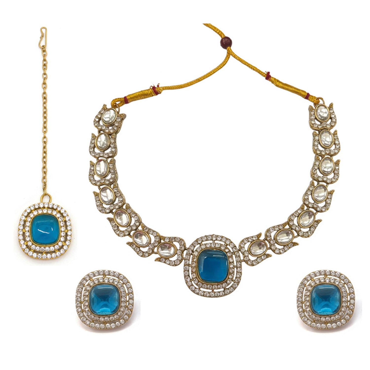 Rosalind-Montana Kundan-Style Gold-Tone Necklace Set with Maang Tikka