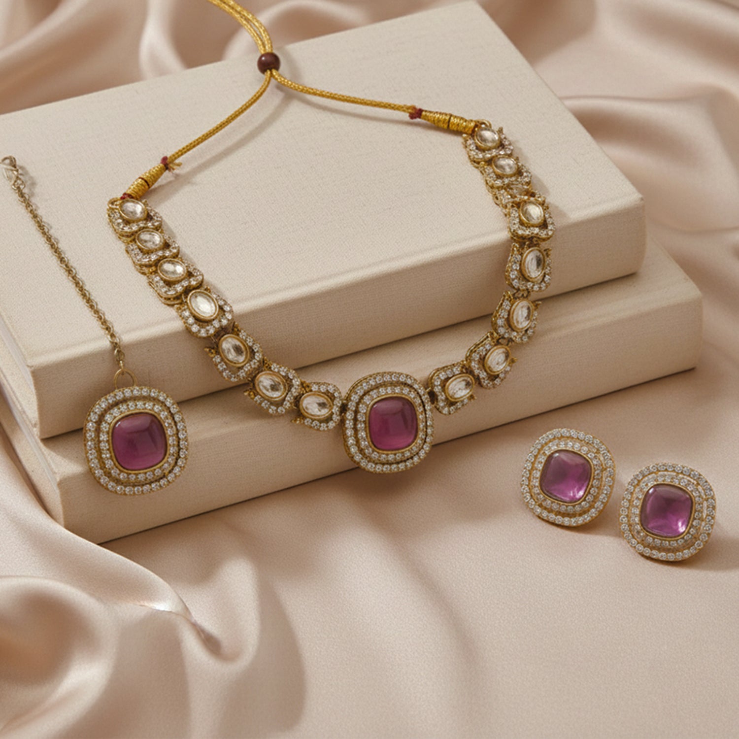 Rosalind- Wine Kundan-Style Gold-Tone Necklace Set with Maang Tikka