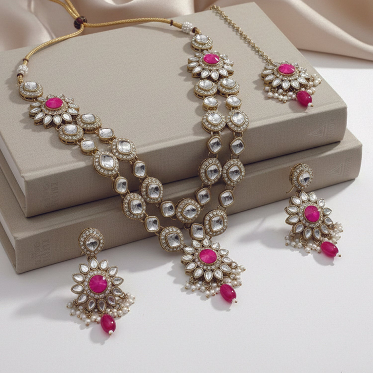 Maya- Traditional Dark Pink & Crystal Halo Necklace Set with Maang Tikka