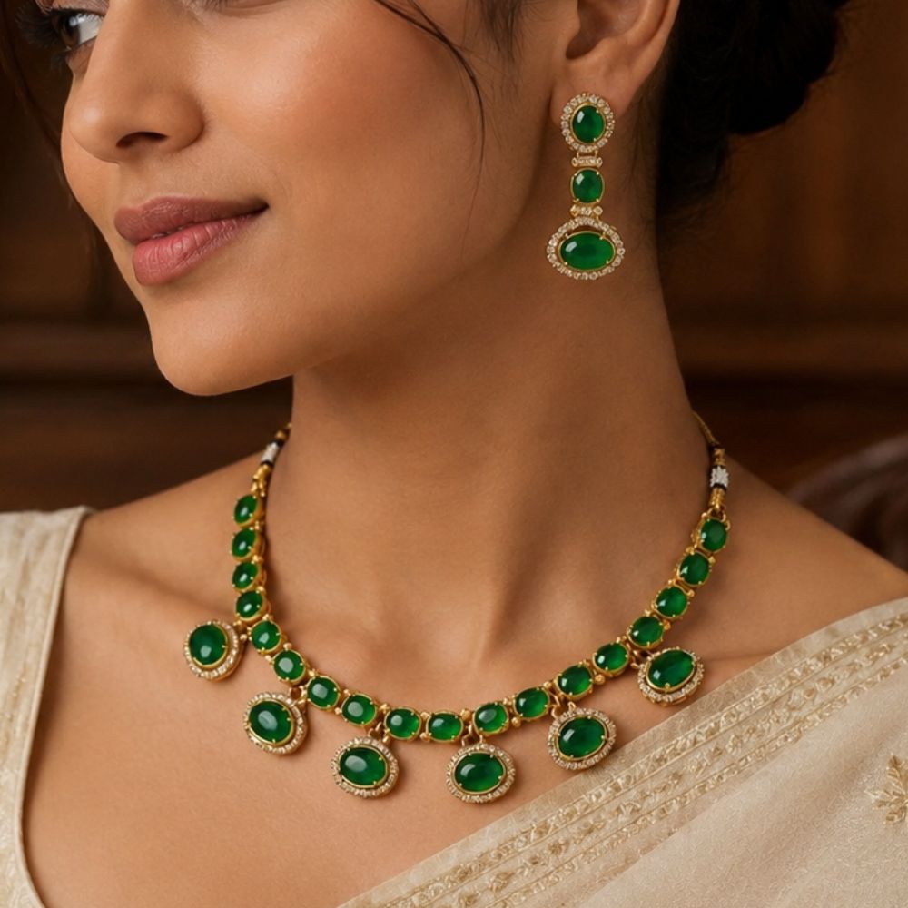 Aarvi -  Emerald Kundan Inspired Stone Necklace Set with Earrings