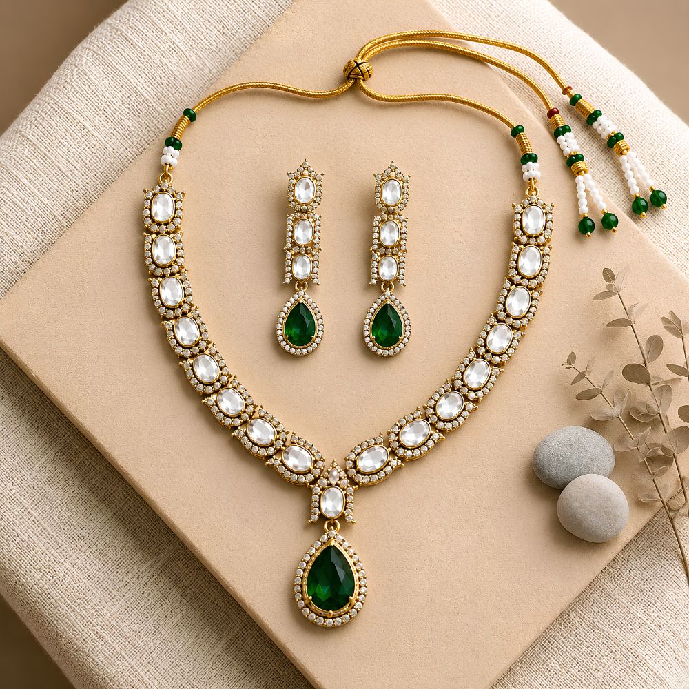 Avyara -  Emerald Kundan Inspired Stone Necklace Set