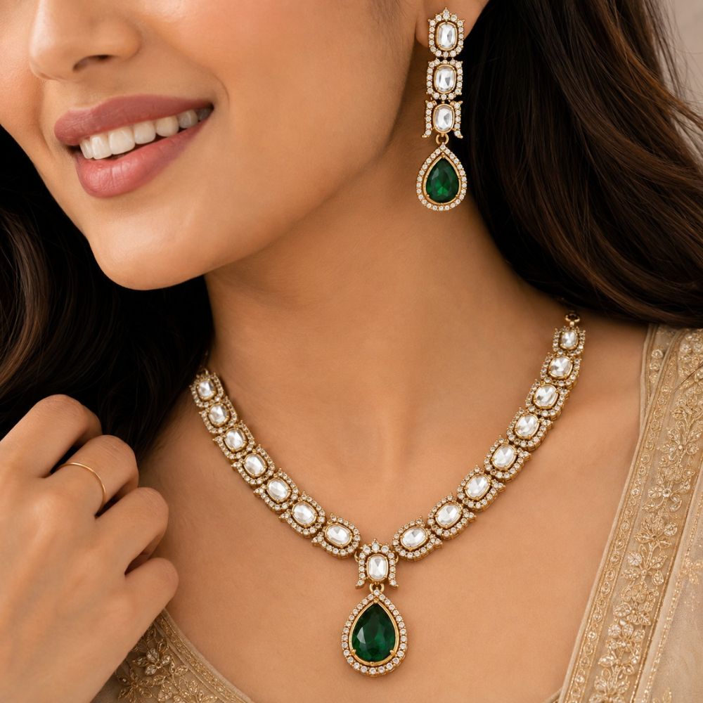 Avyara -  Emerald Kundan Inspired Stone Necklace Set