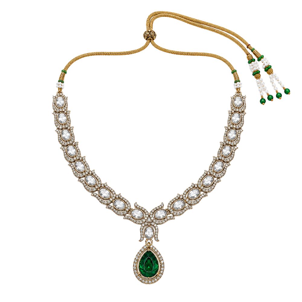 Avyara -  Emerald Kundan Inspired Stone Necklace Set