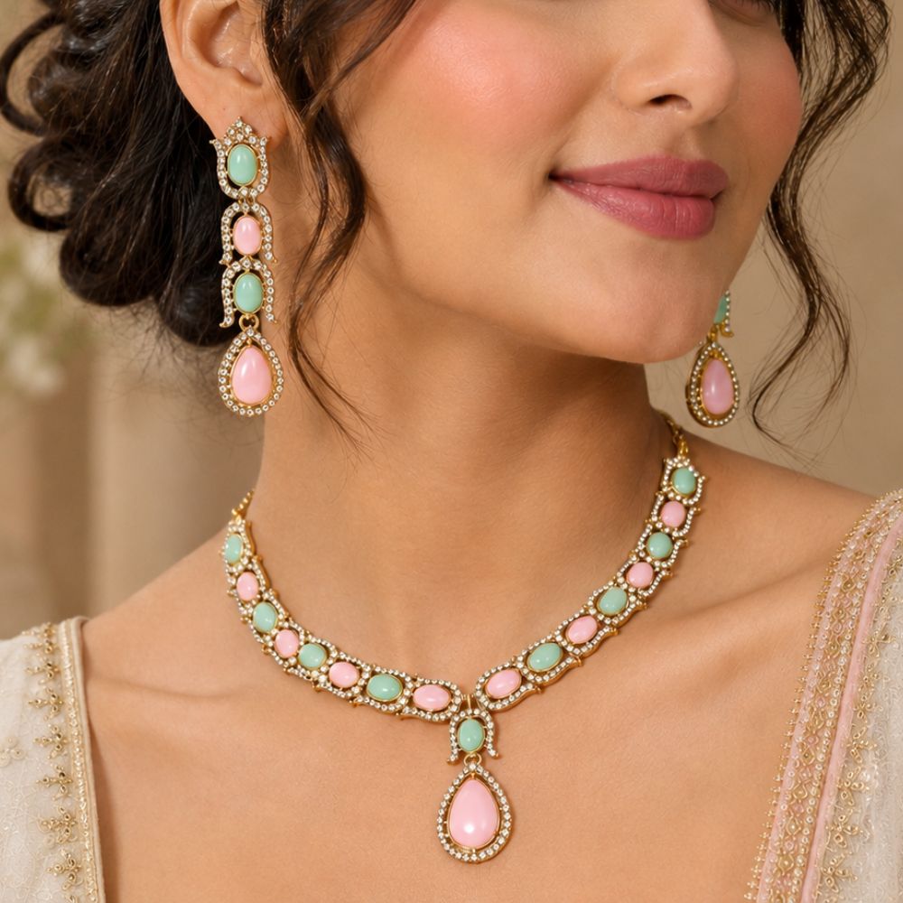 Kyara -   Multicolor Kundan Stone Necklace Set with Earrings