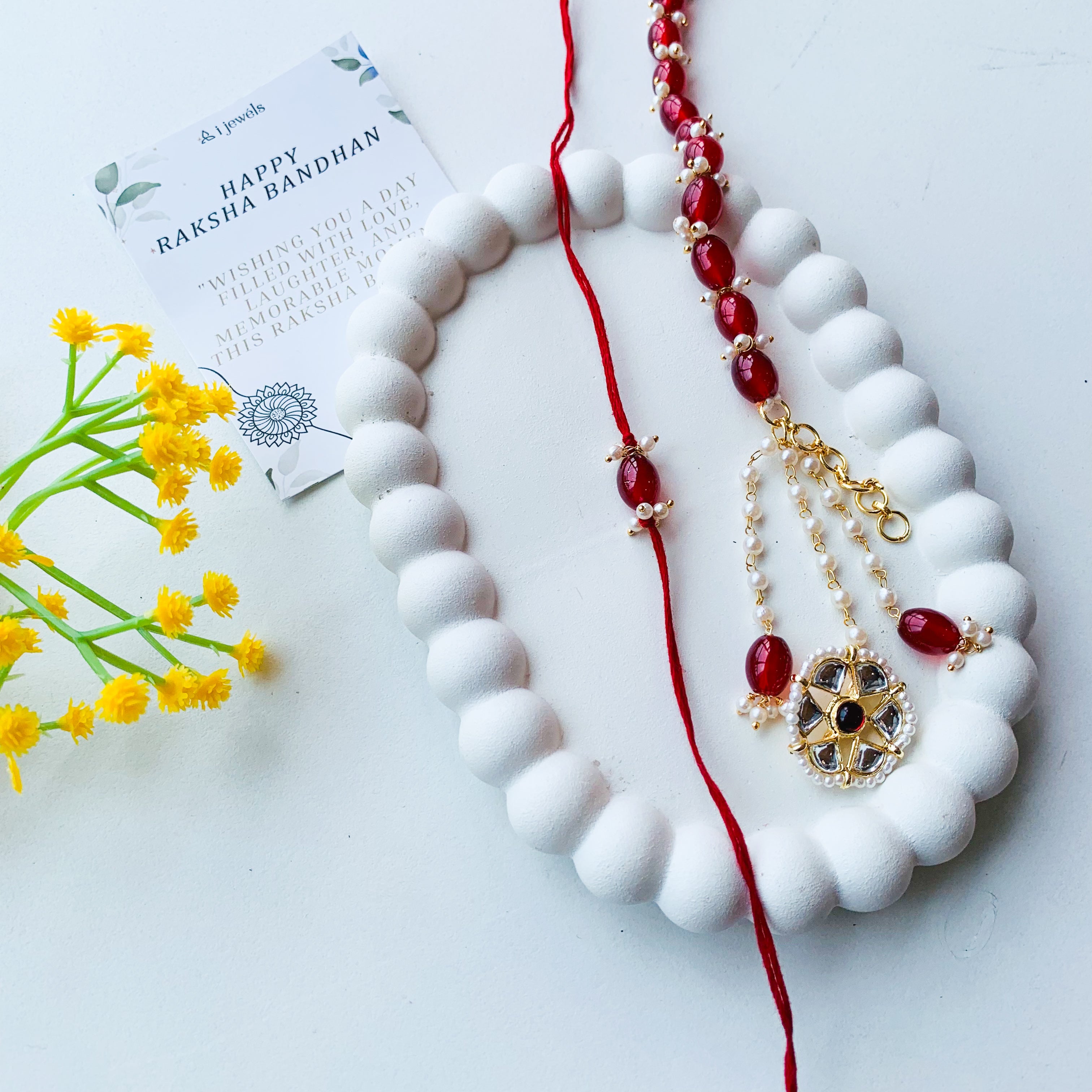 Maroon Kundan Pearl Bhaiya Bhabhi Rakhi With Roli Chawal & Rakshabandhan Card