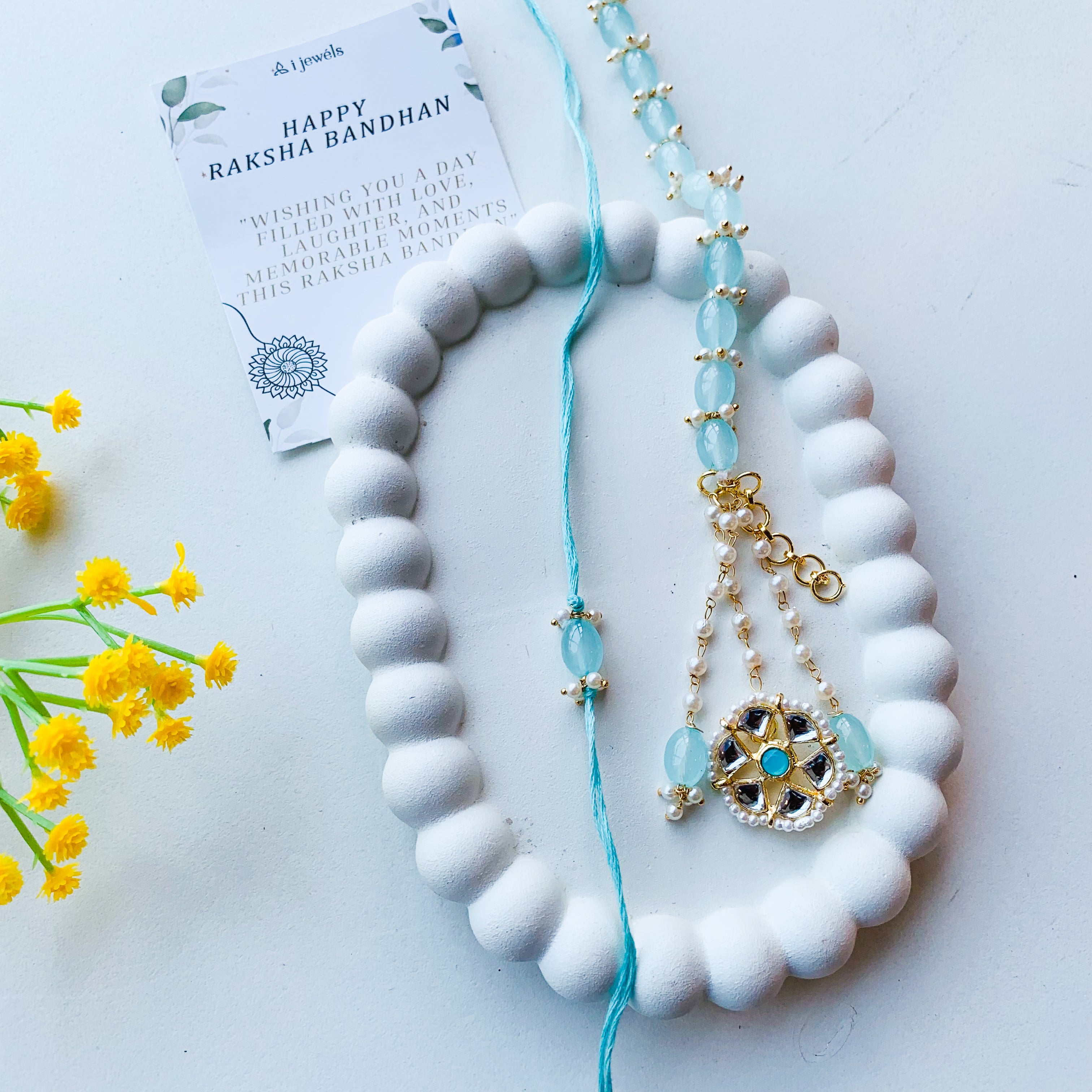 Turquoise Kundan Pearl Bhaiya Bhabhi Rakhi With Roli Chawal & Rakshabandhan Card