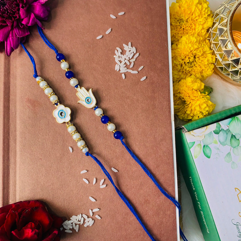 Floral and Hamsa Shape Enamel Bhaiya Rakhi With Roli Chawal & Card (Pack of 2)