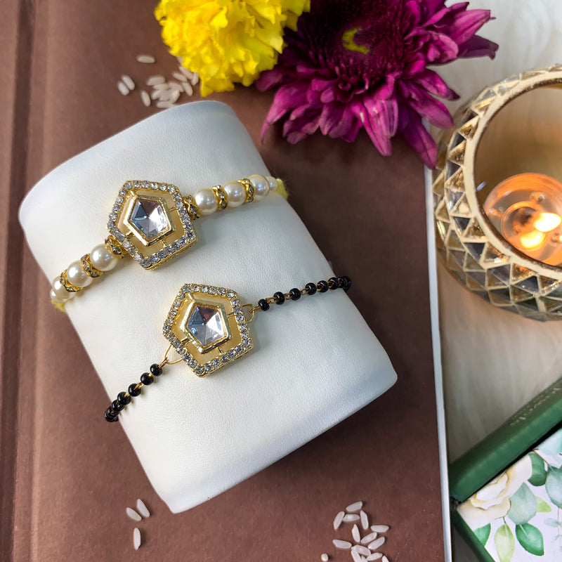Elegant Bhaiya Bhabhi Pearl Lumba Mangalsutra Bracelet & Rakhi With Roli Chawal & Card