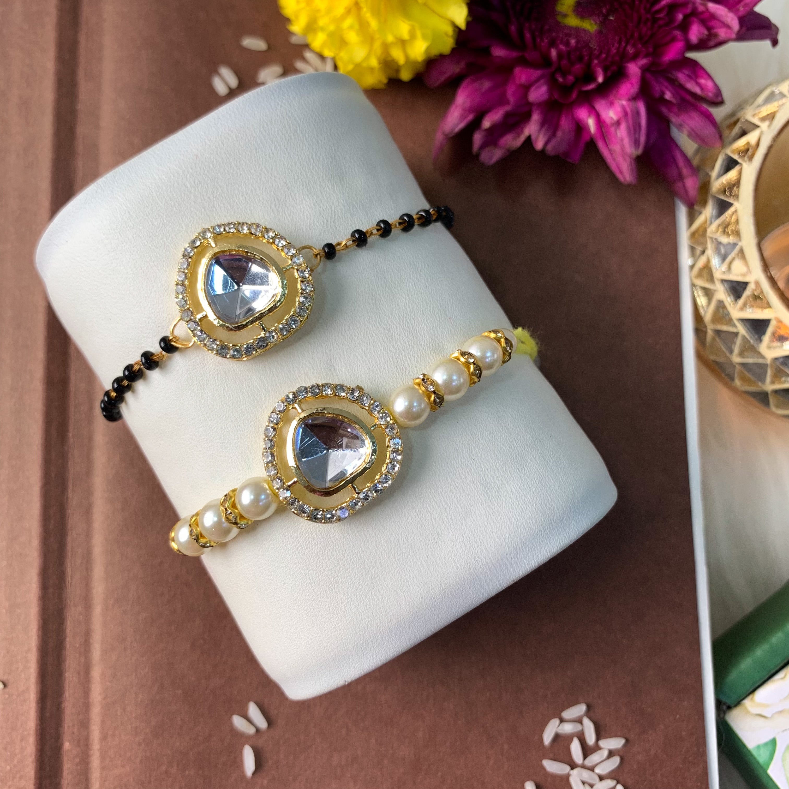 Elegant Bhaiya Bhabhi Pearl Lumba Mangalsutra Bracelet & Rakhi With Roli Chawal & Card