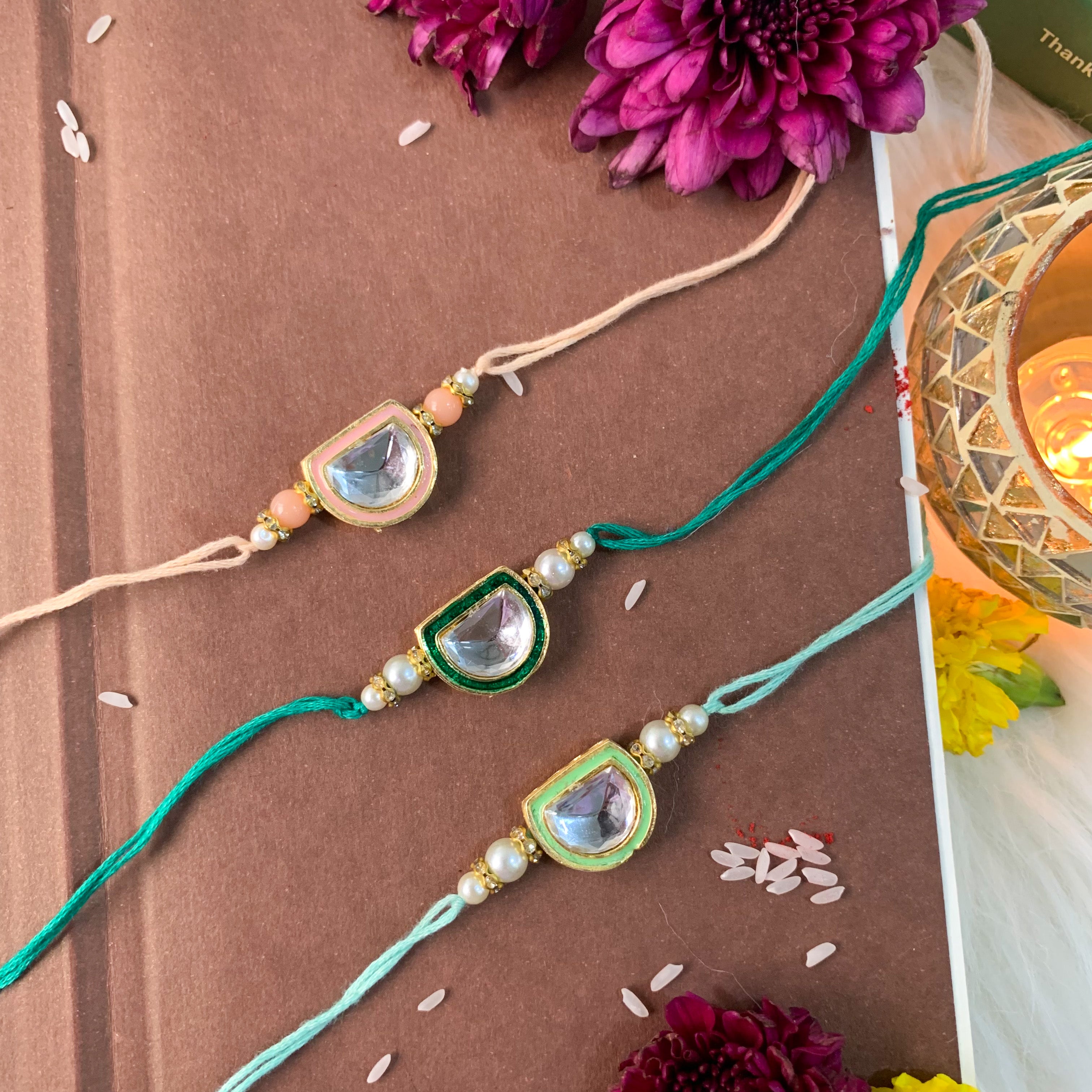 Dazzling Pearl Kundan Stone Rakhi with Roli Chawal & Card (Pack of 3)