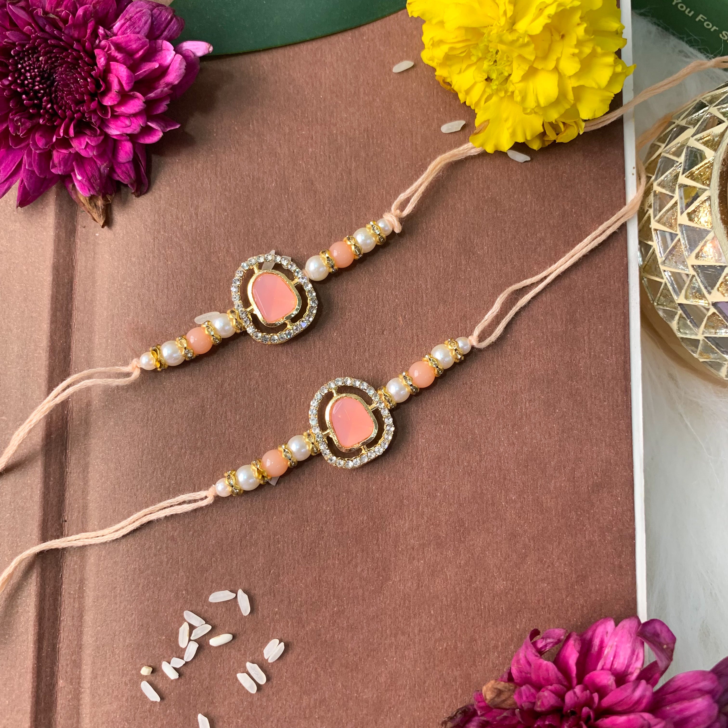 Dazzling Pearl Kundan Stone Rakhi with Roli Chawal & Card (Pack of 2)