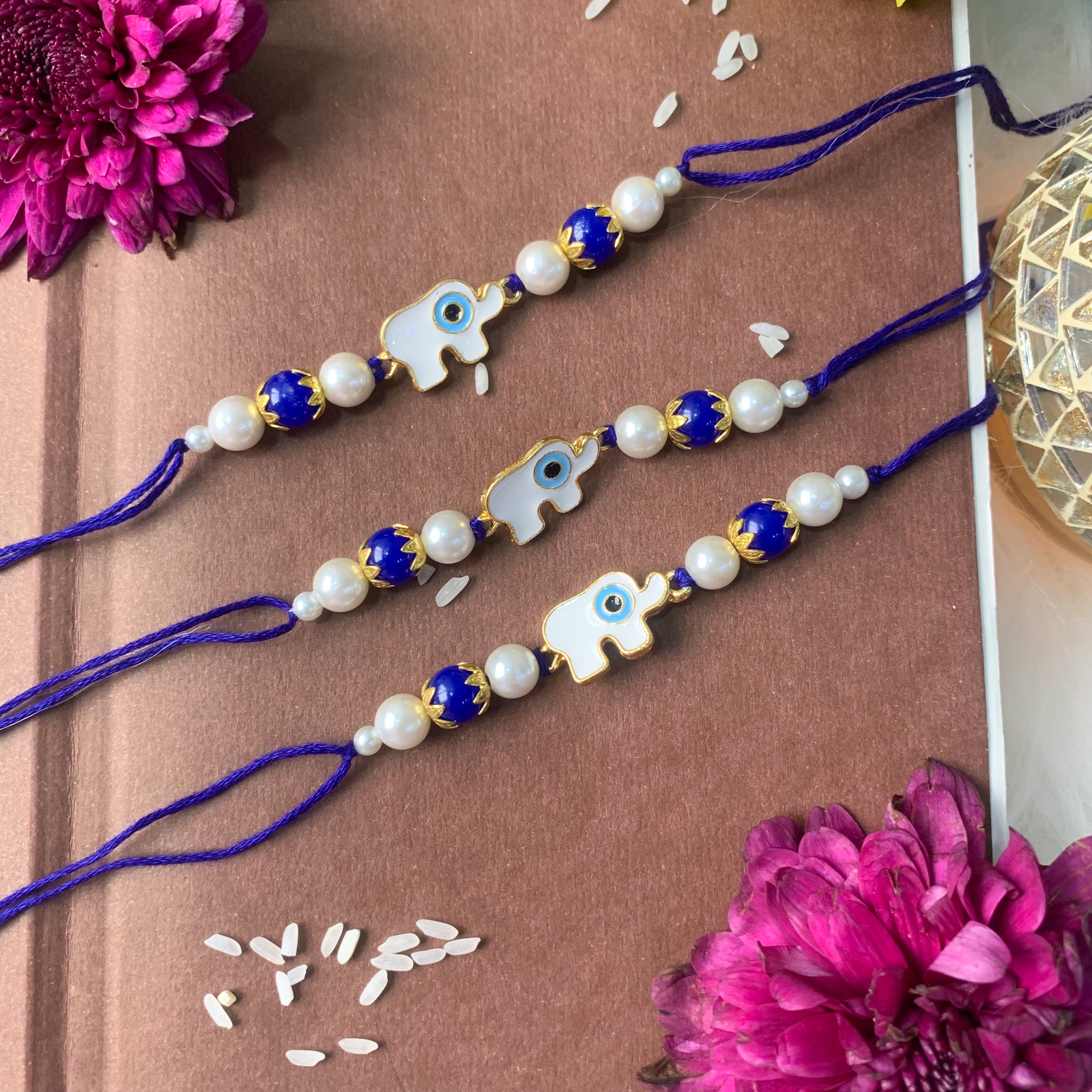 Elephant Shape Enamel Bhaiya Rakhi With Roli Chawal & Card (Pack of 3)