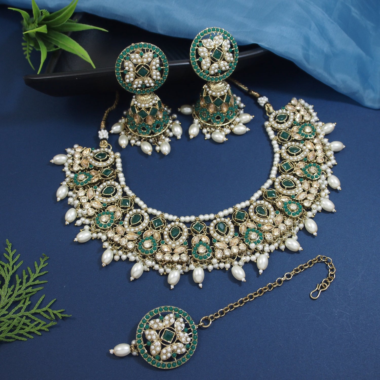 Emerald green kundan pearl choker necklace set with jhumka earrings