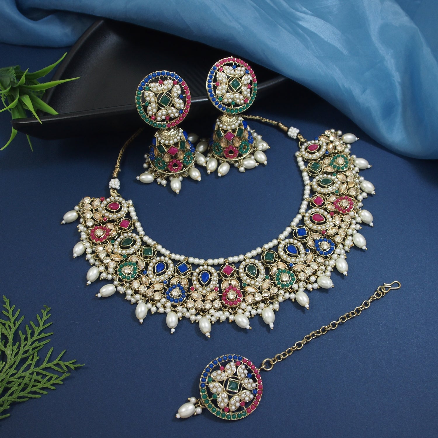 Multicolor kundan and pearl necklace set with matching jhumka earrings