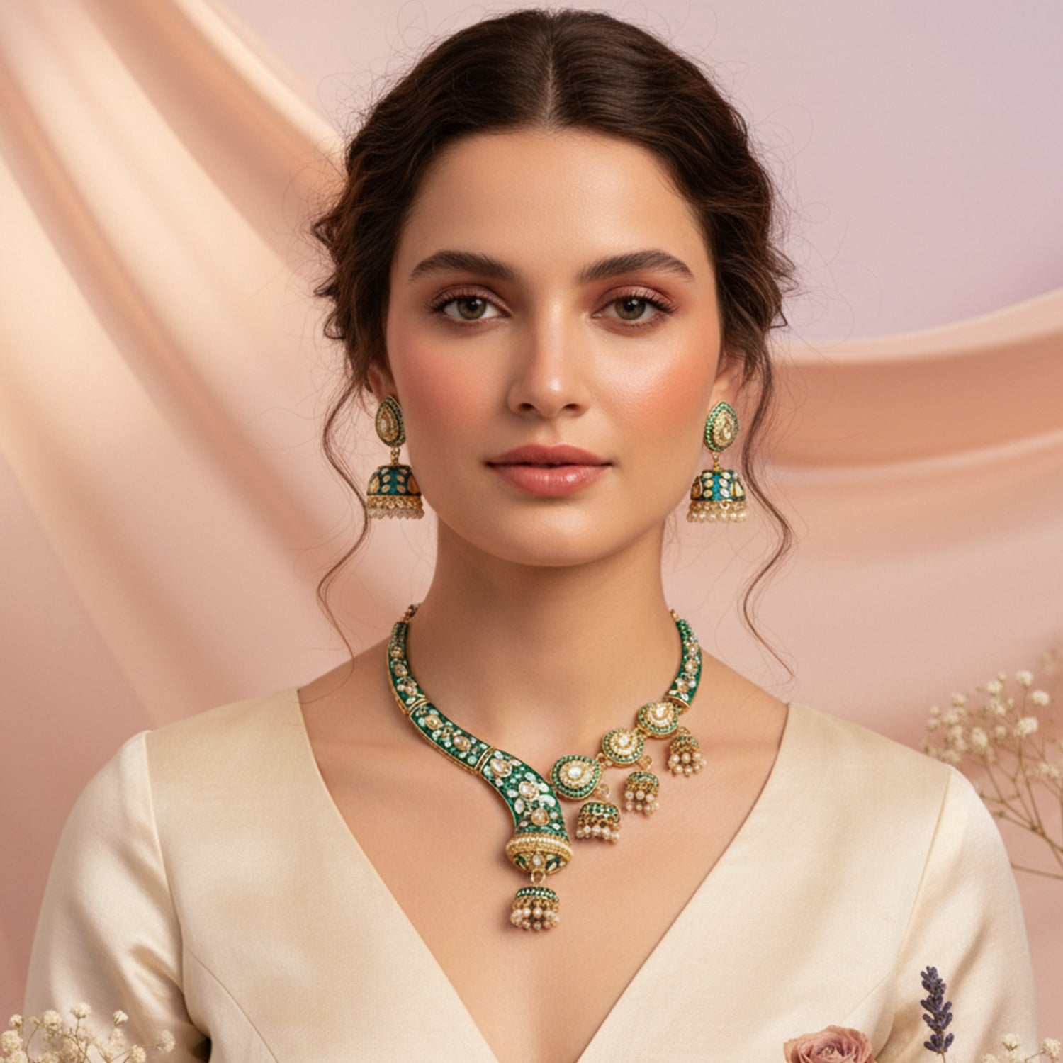 Alwar Peacock green Set- Meenakari heritage touch.