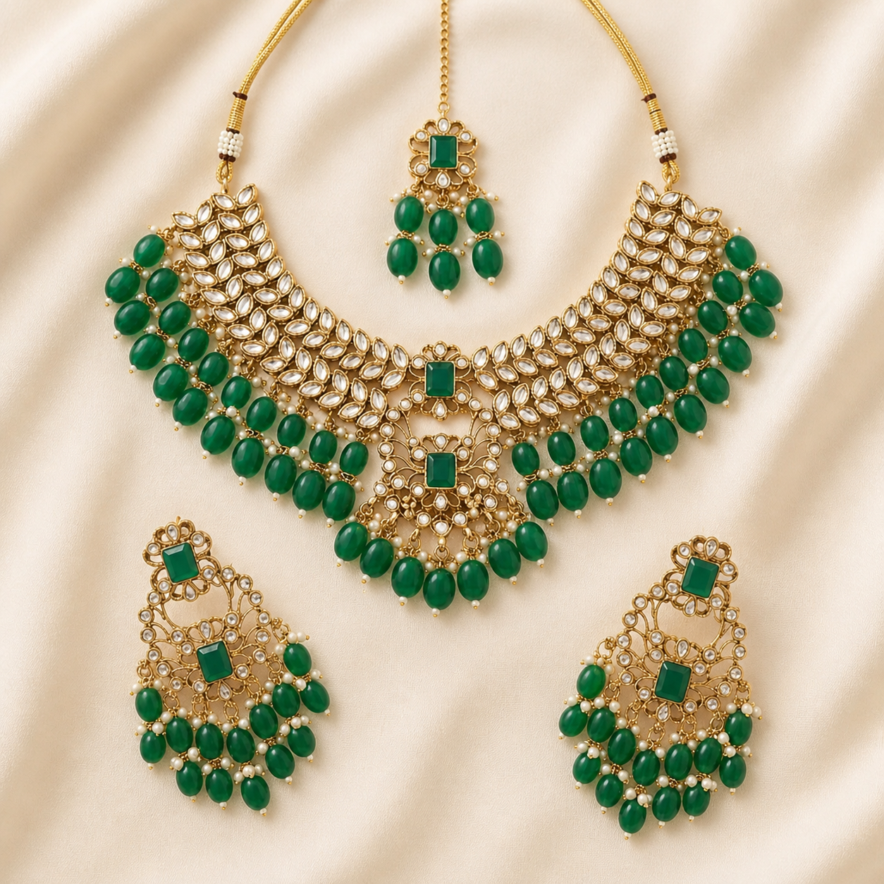 Shrisha- Kundan-Style Green Beads Choker Necklace Set