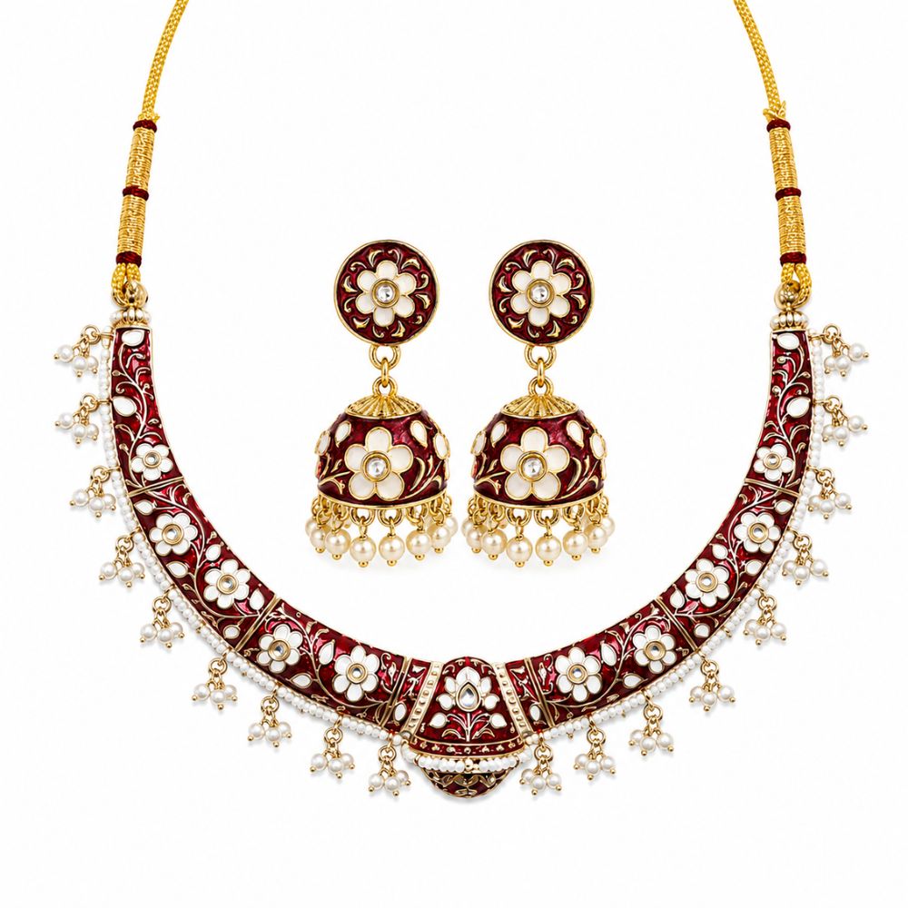 Svanika- Maroon Meenakari Floral Choker Necklace Set with Pearl Jhumka Earrings