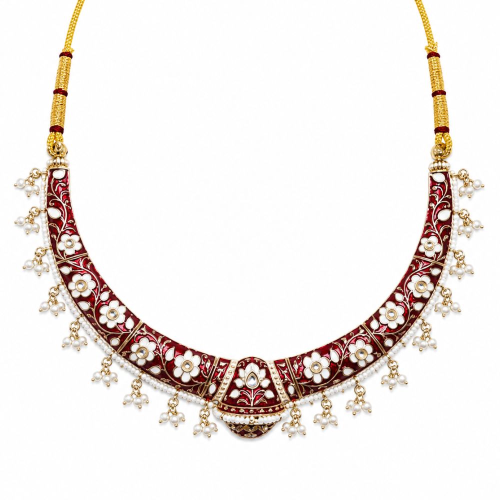 Svanika- Maroon Meenakari Floral Choker Necklace Set with Pearl Jhumka Earrings