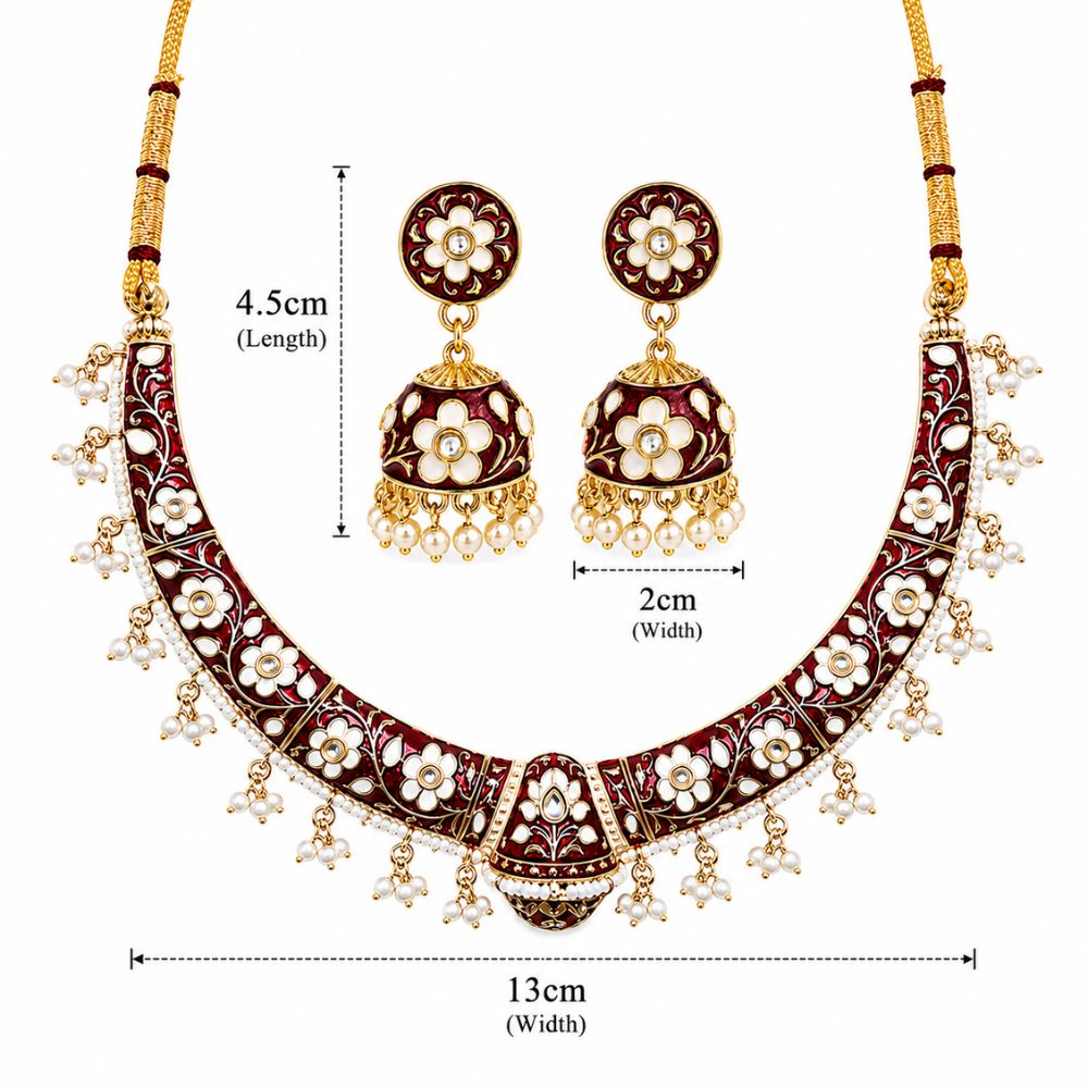 Svanika- Maroon Meenakari Floral Choker Necklace Set with Pearl Jhumka Earrings