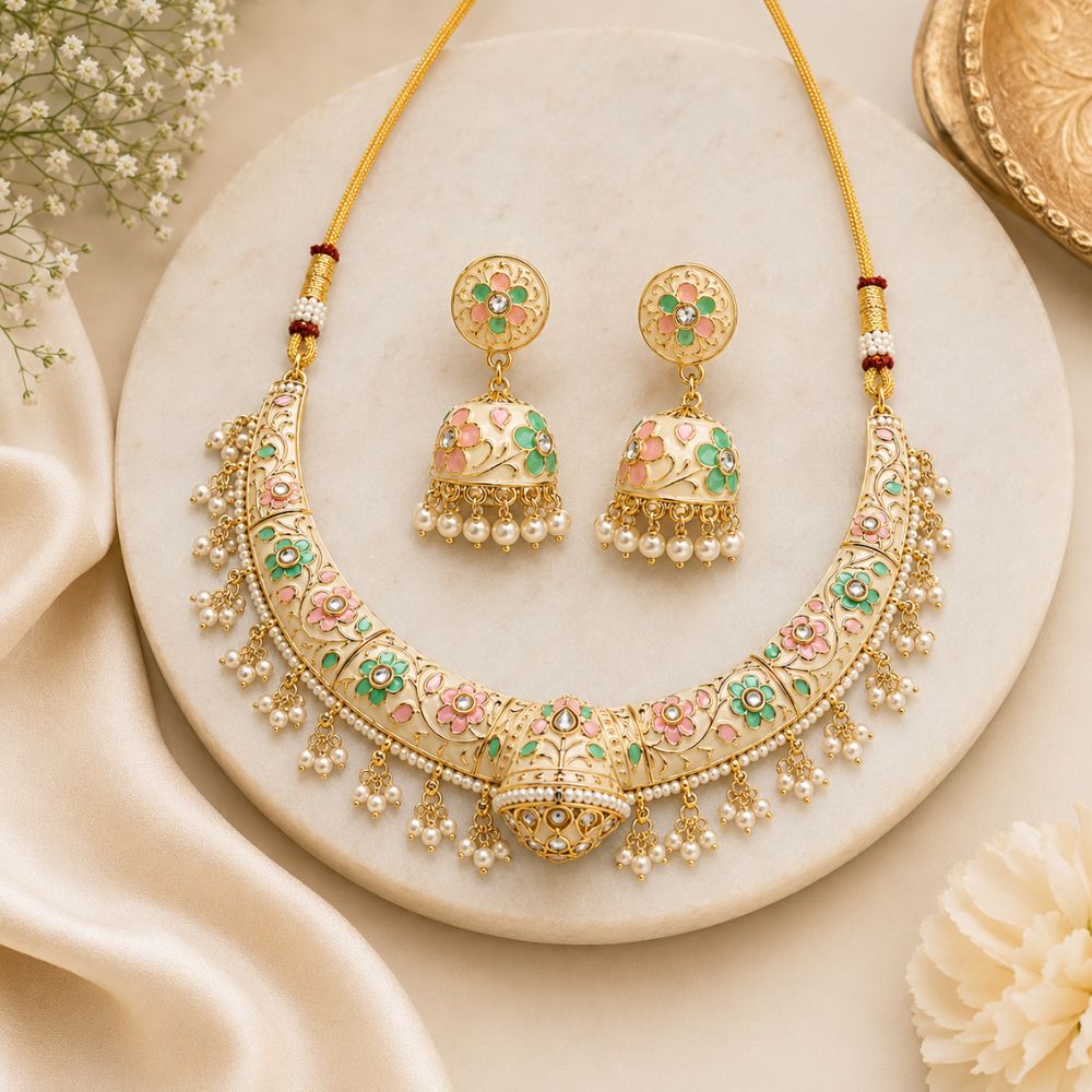 Svanika- Multicolour Meenakari Floral Choker Necklace Set with Pearl Jhumka Earrings