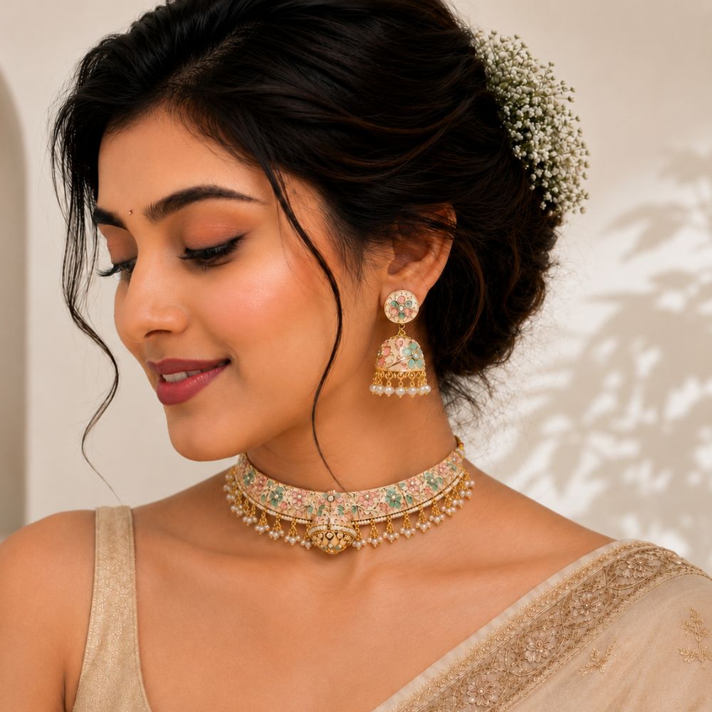 Svanika- Multicolour Meenakari Floral Choker Necklace Set with Pearl Jhumka Earrings