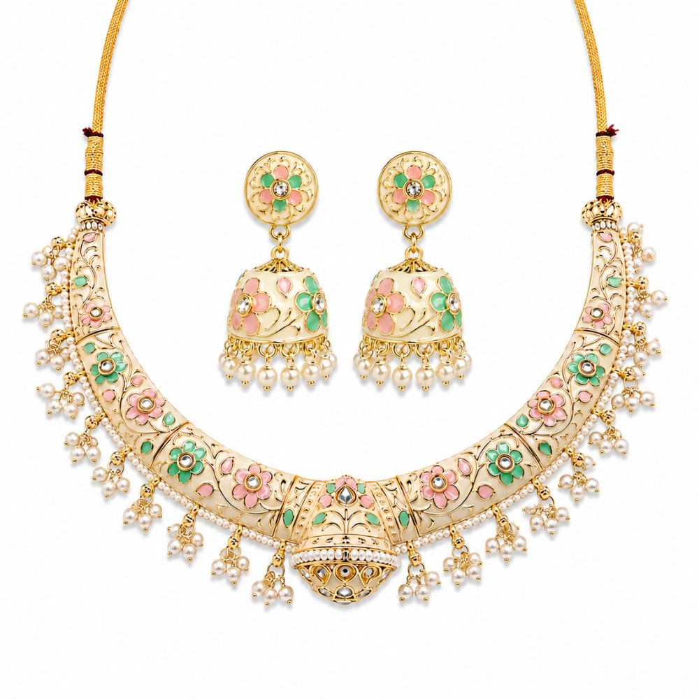 Svanika- Multicolour Meenakari Floral Choker Necklace Set with Pearl Jhumka Earrings