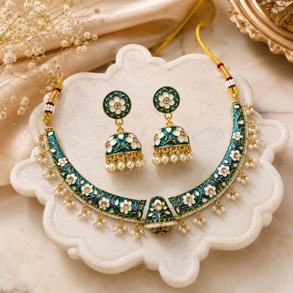 Svanika- Peacock Green Meenakari Floral Choker Necklace Set with Pearl Jhumka Earrings