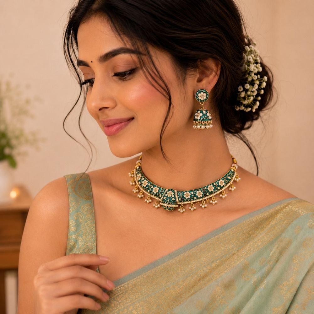Svanika- Peacock Green Meenakari Floral Choker Necklace Set with Pearl Jhumka Earrings