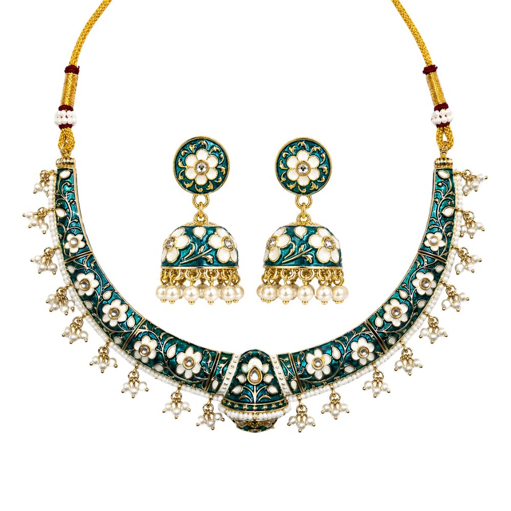 Svanika- Peacock Green Meenakari Floral Choker Necklace Set with Pearl Jhumka Earrings