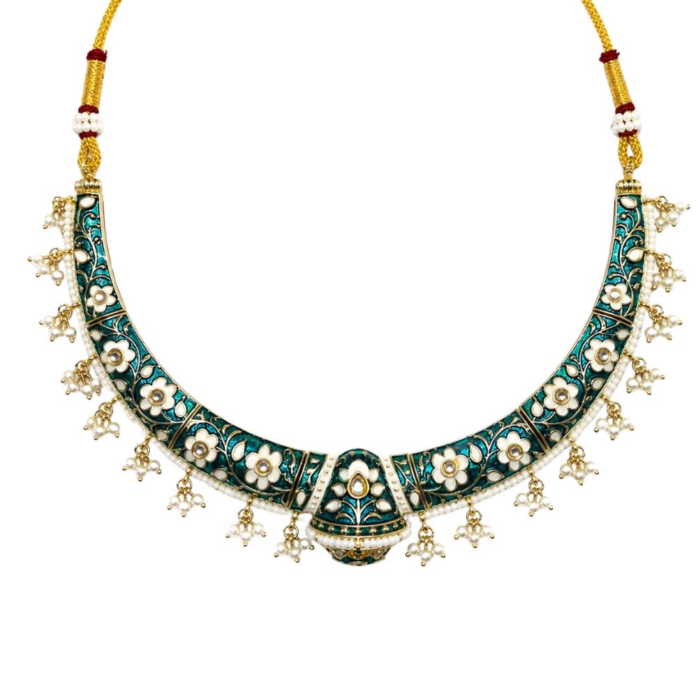 Svanika- Peacock Green Meenakari Floral Choker Necklace Set with Pearl Jhumka Earrings
