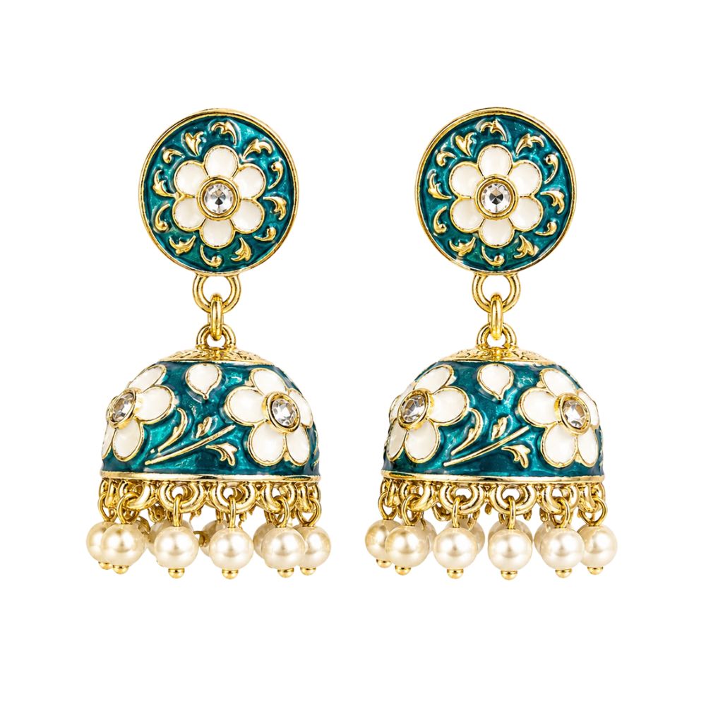 Svanika- Peacock Green Meenakari Floral Choker Necklace Set with Pearl Jhumka Earrings