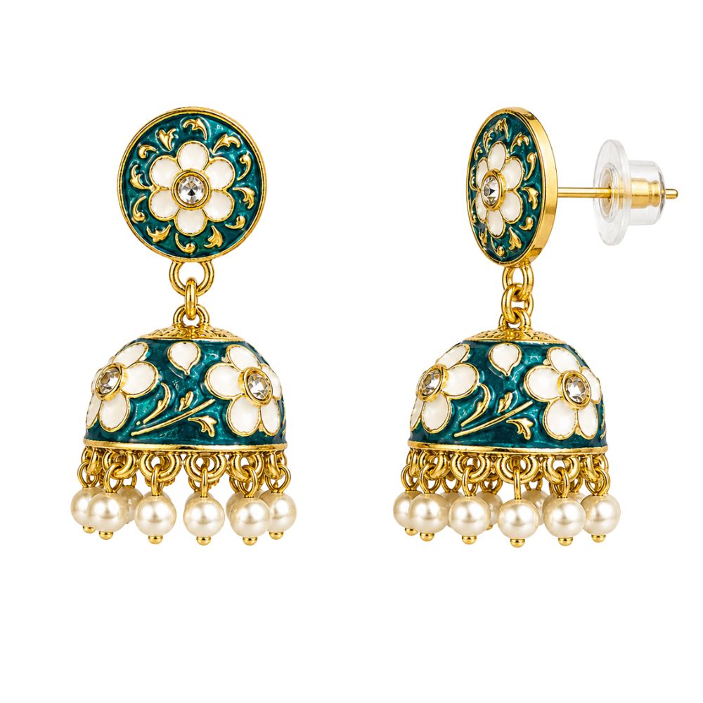 Svanika- Peacock Green Meenakari Floral Choker Necklace Set with Pearl Jhumka Earrings