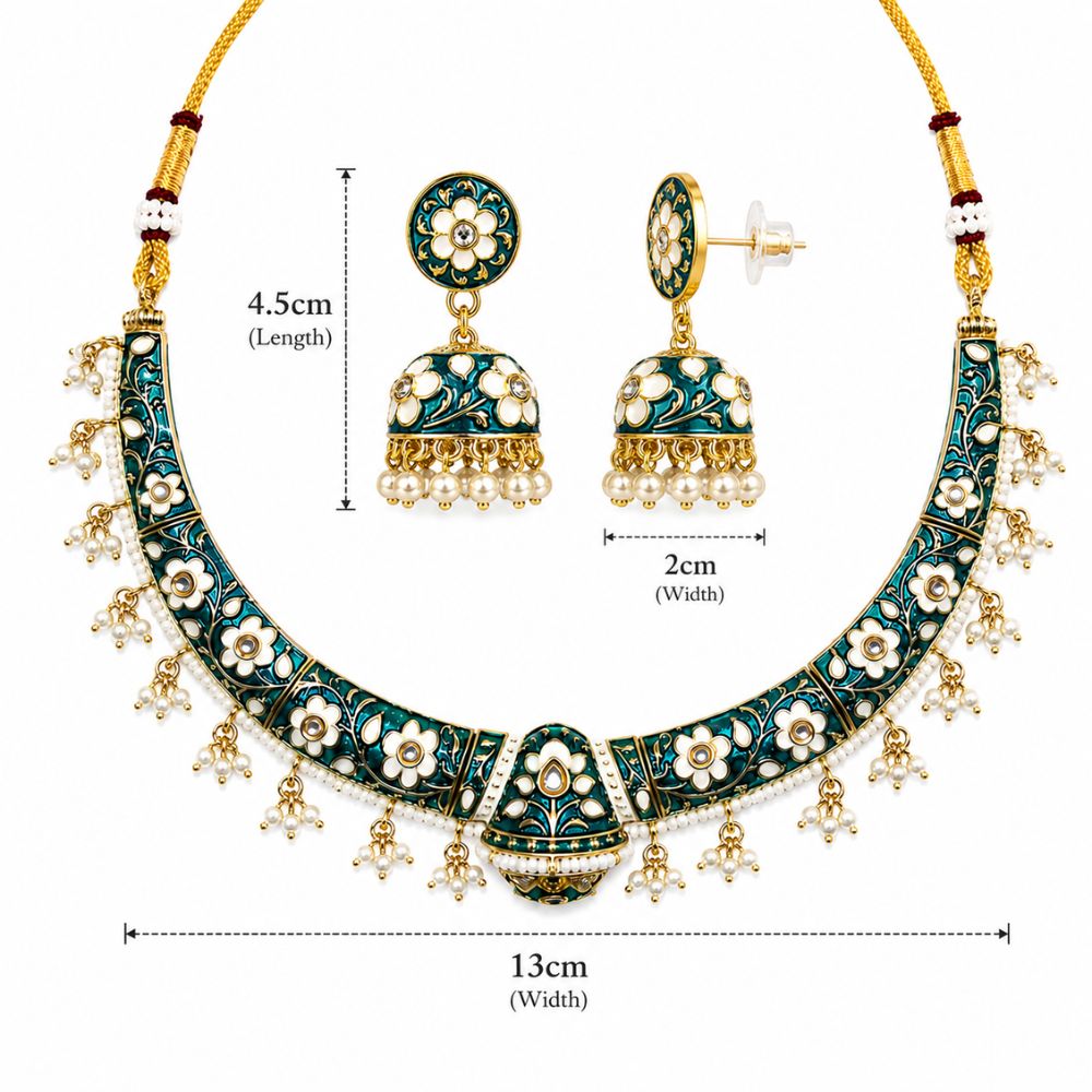 Svanika- Peacock Green Meenakari Floral Choker Necklace Set with Pearl Jhumka Earrings