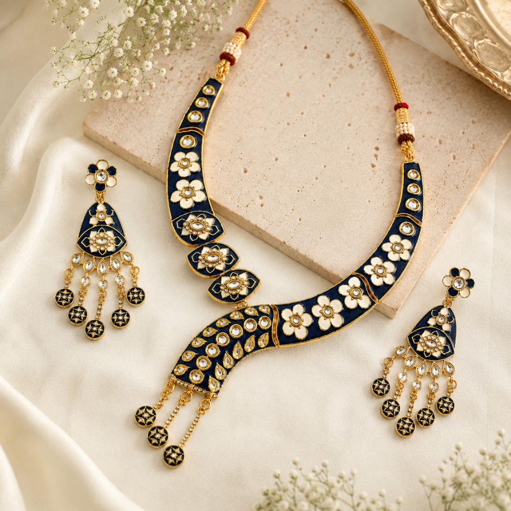 Arhita- Blue Meenakari Floral Statement Necklace Set with Matching Dangler Earrings for Women
