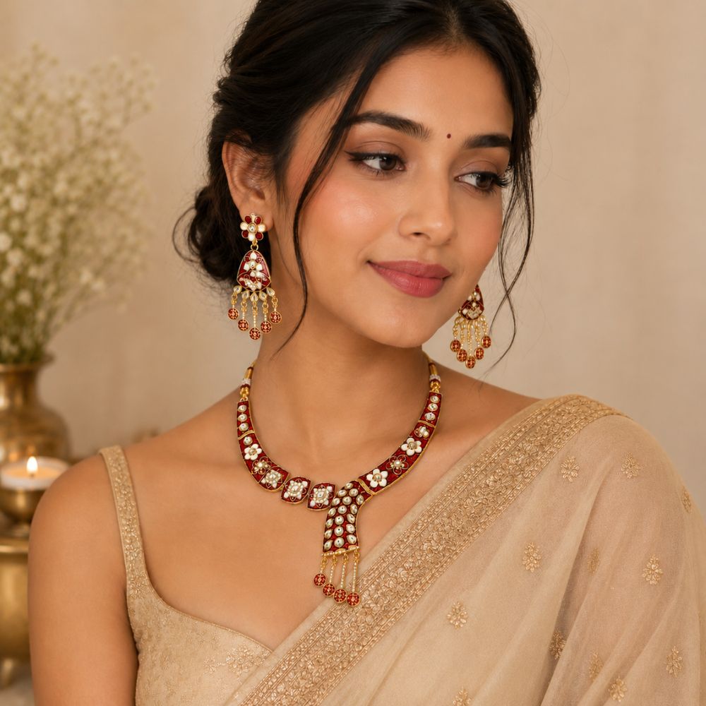Arhita- Maroon Meenakari Floral Statement Necklace Set with Matching Dangler Earrings for Women
