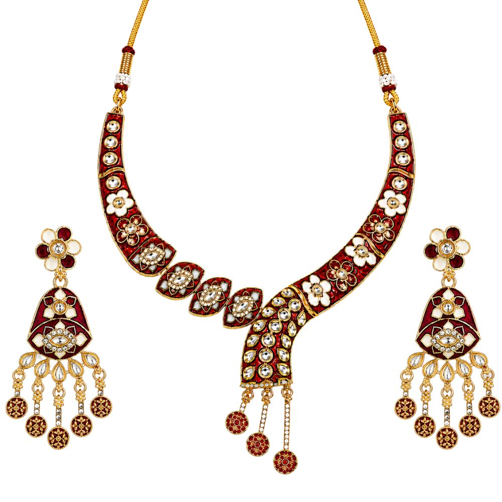 Arhita- Maroon Meenakari Floral Statement Necklace Set with Matching Dangler Earrings for Women