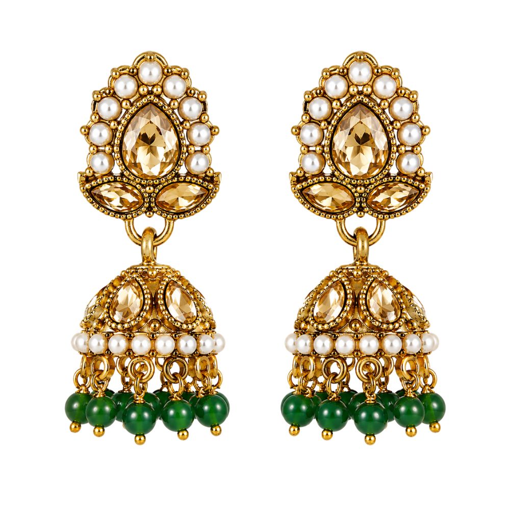Ishvani - Green Beaded Kundan  Jhumka Necklace Set with Earrings & Maang Tikka