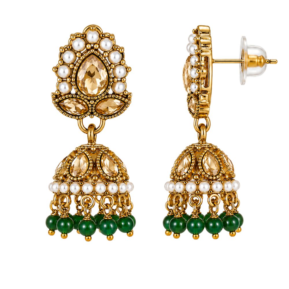Ishvani - Green Beaded Kundan  Jhumka Necklace Set with Earrings & Maang Tikka