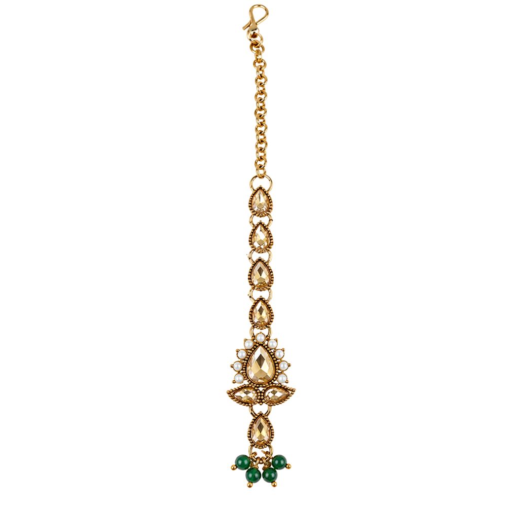 Ishvani - Green Beaded Kundan  Jhumka Necklace Set with Earrings & Maang Tikka